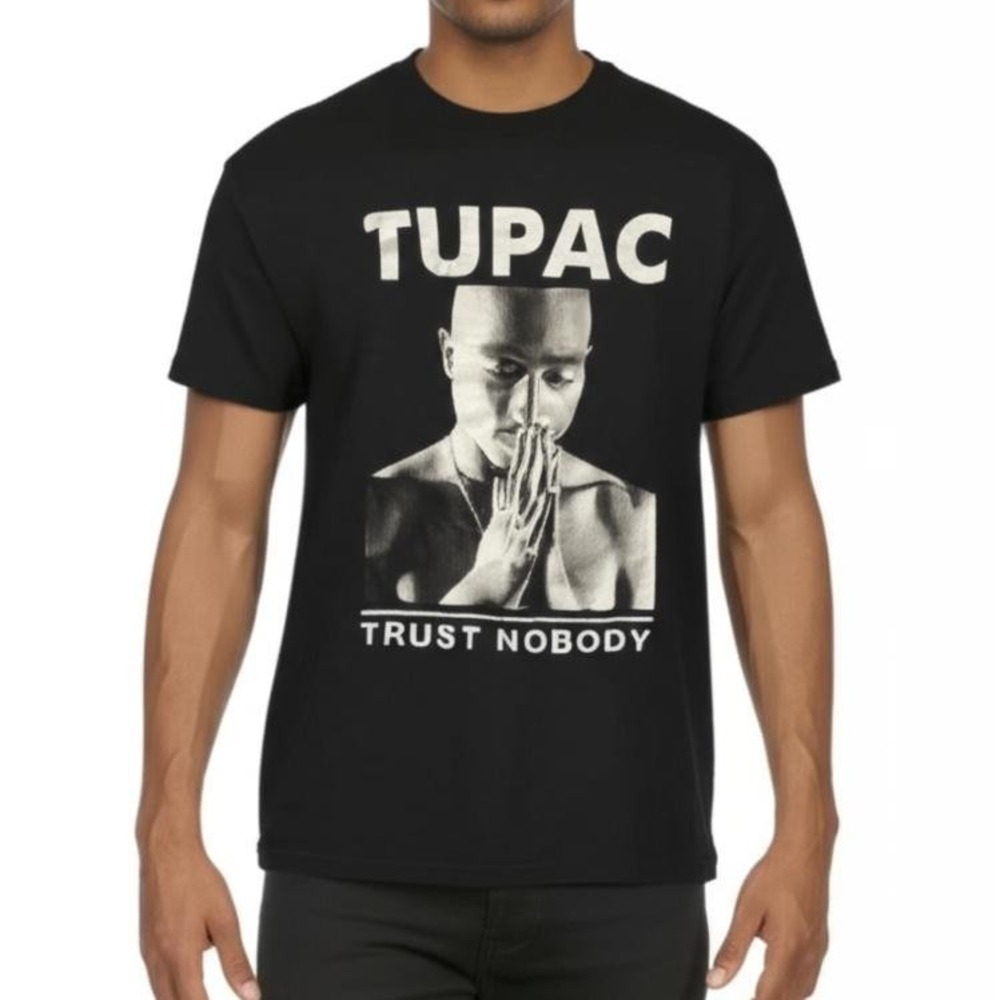 2PAC T Shirt Mens S Black Hip Hop 90s Tupac Praying Hands Graphic Trust Nobody